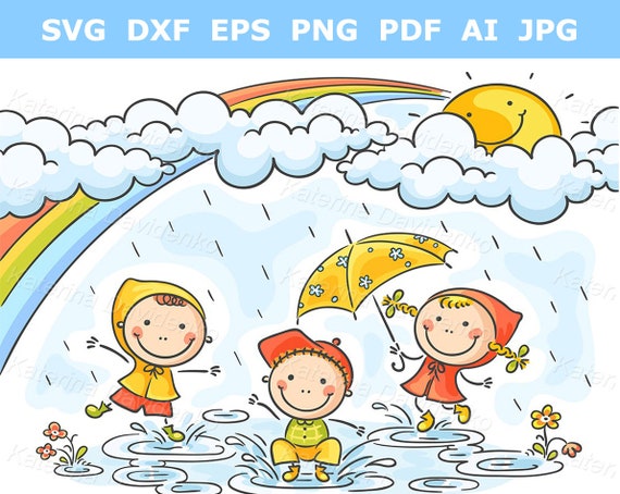 Doodle Kids Playing in the Rain Cartoon Children Activities Outdoors Autumn  Season Weather Clip Art - Etsy