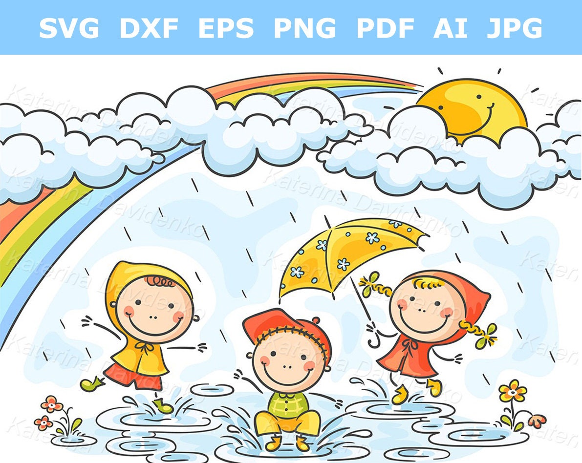 Doodle Kids Playing in the Rain Cartoon Children Activities - Etsy ...