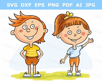 Happy cartoon kids clipart, smiling boy and girl, standing children clip art svg image
