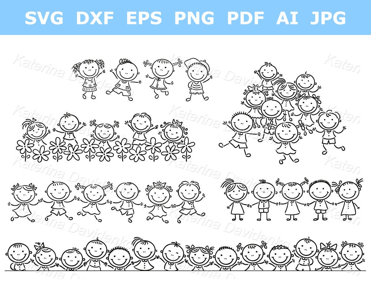 Kids Stack Outline Outline Illustration of Kids Clipart Set. Black and Children Standing ...