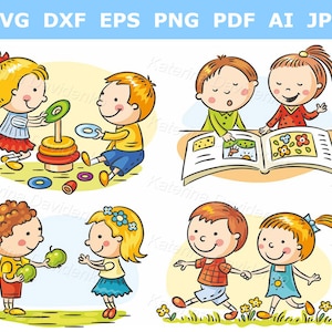 Conjunto de imágenes prediseñadas de niños de dibujos animados. Comunicación infantil. Imágenes prediseñadas de actividades infantiles. Descarga digital.