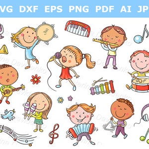 Cartoon kids with musical instruments PNG SVG clipart set. Happy children playing music and singing clipart. Little boys and girls clipart
