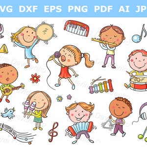 Niños de dibujos animados con instrumentos musicales. Clipart PNG/SVG. Niños felices tocando música y cantando. Clipart de niños y niñas.