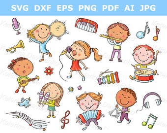 Cartoon kids with musical instruments PNG SVG clipart set. Happy children playing music and singing clipart. Little boys and girls clipart
