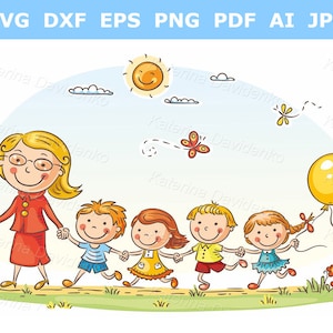 Clipart de niños felices de kindergarten. Niños y su maestra paseando. Clipart de preescolar.