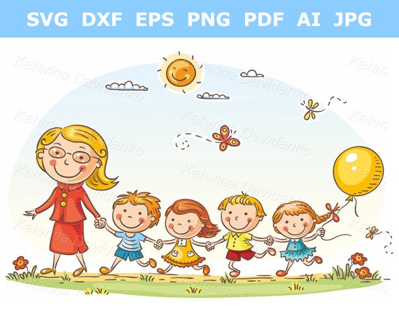 Cartoon Happy Kids Clipart. Kids and Their Teacher on a Walk. Kindergarten  Clipart. Digital Download Pdf Svg Png Files - Etsy
