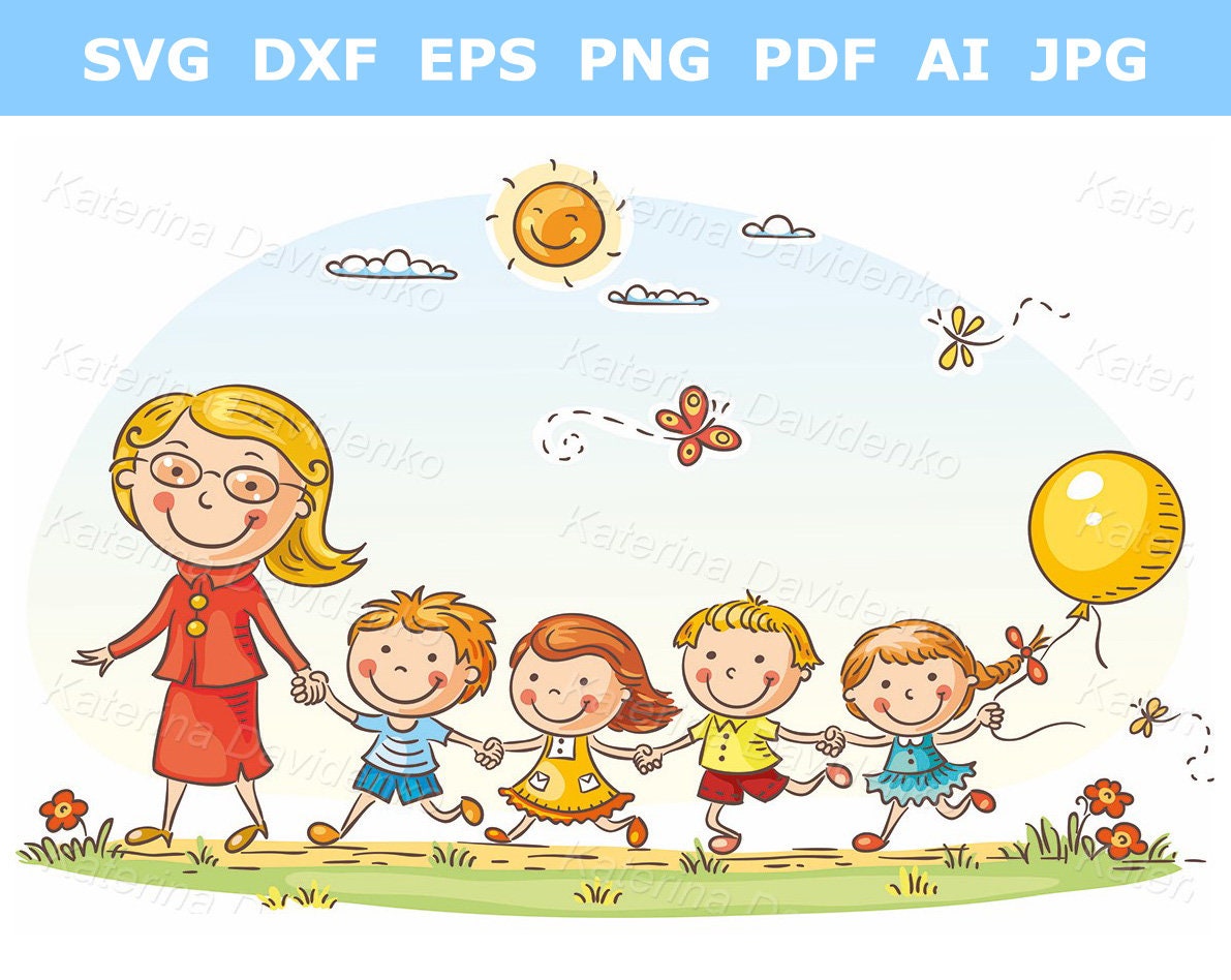 Teacher Clipart. Kids and Their Teacher on a Walk in the Kindergarten.  Digital Download Pdf Svg Png Files 