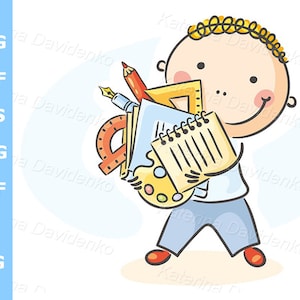 Clipart escolar. Colegial de dibujos animados con muchos útiles escolares. Ilustración vectorial de descarga digital. Clip art de niño escolar.
