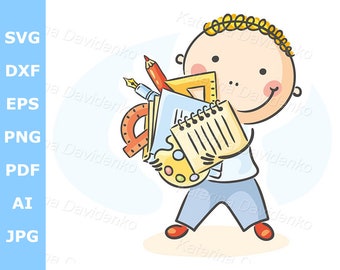 School clipart. Cartoon doodle schoolboy with lots of school things. Digital download vector illustration. School kid clip art