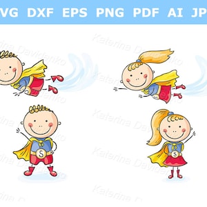 Niños de dibujos animados disfrazados de superhéroes. Clipart infantil. Niño y niña superhéroes.