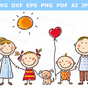 Cartoon Familie Clipart. Glückliche Familie mit zwei Kindern und einem Welpen Bild 1