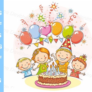 Clipart de Feliz Cumpleaños para Niños. Niños felices en la fiesta de cumpleaños. Niños con pastel y globos de colores.