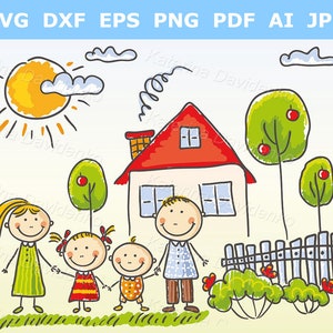 Doodle rodzinny clipart. Rodzice z dziećmi stojącymi w rzędzie. Clipart przedstawiający dom rodzinny. Postacie z kreskówek. Rysunki dzieci