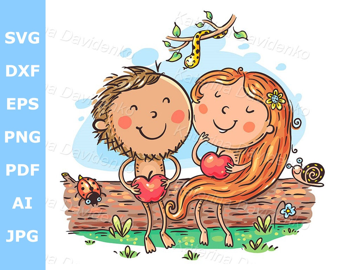 Cartoon Vector Illustration of Adam and Eve With Apples in