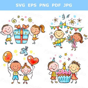Funny kids birthday party clipart set. Premium cartoon illustration for children party, ready to print PNG SVG pictures