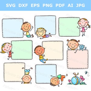 Cartoon school kids holding blank Q & A placards, doodle kids with blank signs, Children With Posters Clip Art, Stick Kids clipart