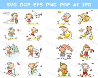 Set di clipart sulle stagioni e sul meteo. Illustrazioni per bambini di diverse attività durante le quattro stagioni