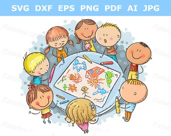 Cartoon children drawing together - Crafting kids clipart - Stick kid activities, preschool clipart