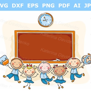 Glückliche Schulkinder mit Tafel. Schulkinder springen vor Freude in einem Klassenzimmer. Cartoon Kinder Clipart. Kinder in einer Reihe