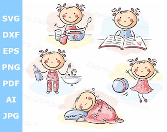 Daily routine clipart set. Cartoon little girl's daily activities clipart