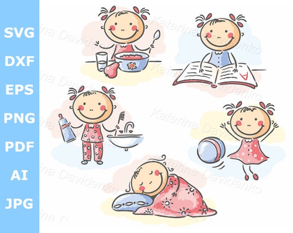 Daily Routine Clipart Cartoon Little Girl S Daily Etsy Singapore