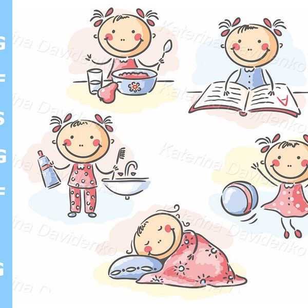 Daily routine kid clipart. Cartoon little girl's daily activities clipart