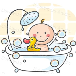 May include: A cartoon illustration of a baby taking a bath in a white bathtub with a yellow rubber ducky. The baby is smiling and there are bubbles in the water. A shower head is above the bathtub.