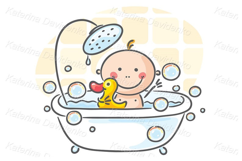 May include: A cartoon illustration of a baby taking a bath in a white bathtub with a yellow rubber ducky. The baby is smiling and there are bubbles in the water. A shower head is above the bathtub.
