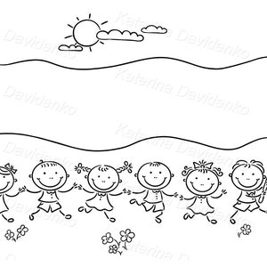 May include: Black and white line drawing of six children holding a blank banner with a sun and clouds in the background.