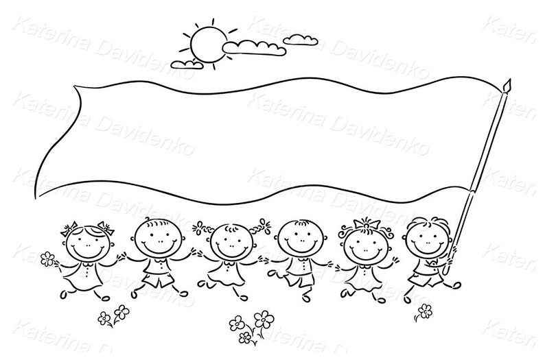 May include: Black and white line drawing of six children holding a blank banner with a sun and clouds in the background.