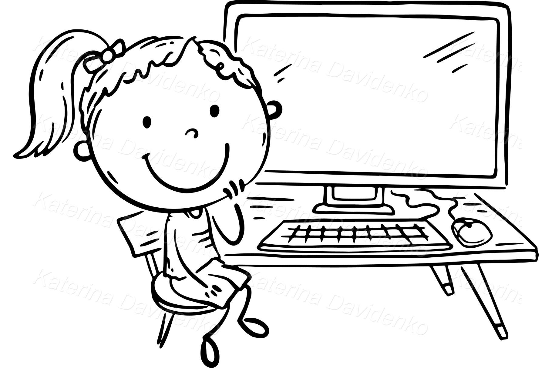 Kid Using Computer Printable Black and White Illustration of Kids Using Electronic Devices, Outline ...