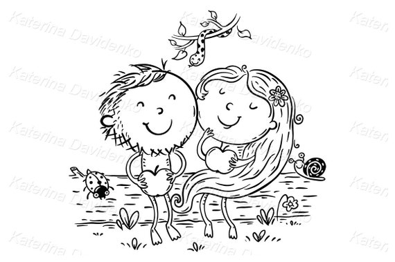 Cartoon Vector Illustration of Adam and Eve With Apples in - Etsy Ireland