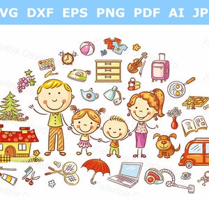 Doodle cartoon family clipart set. Hand drawn vector illustration. Family life and household clipart. Digital download