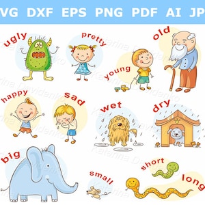 Antonyms illustration | School clip art set | Cartoon education clipart for school kid