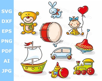 Set of cartoon toys clipart for kids. Childrens toys clip art, cartoon toy clipart