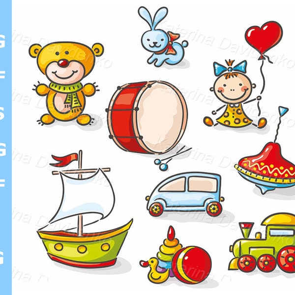 Set of cartoon toys clipart for kids. Childrens toys clip art, cartoon toy clipart