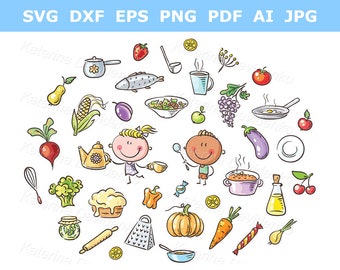 Kids cooking clipart set, fruits and vegetables PNG digital download, food clipart illustration