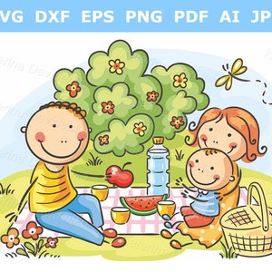 Familia encantadora haciendo un picnic. Dibujos animados de padres con su hijo. Clipart de picnic de verano. Clipart de actividades al aire libre de padres con bebé.