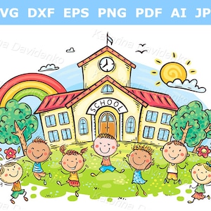 Niños de dibujos animados felices jugando frente al edificio escolar, clipart de regreso a la escuela