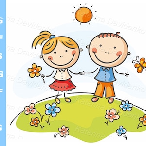 Niños de dibujos animados paseando por el prado. Niños garabateados en la colina. Niños felices en un día de verano, descarga digital, ilustración para libros.