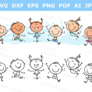 Clipart de niños de dibujos animados. Niños garabateados en fila. Niños felices saltando de alegría. Descarga digital. Niños y niñas aislados, dibujados a mano.