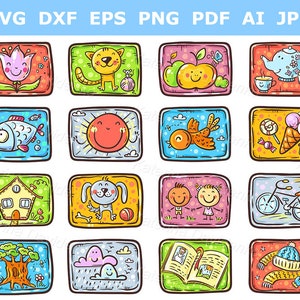 Cartes colorées de dessin animé avec différents objets et animaux pour un jeu ou une tâche pour les enfants, illustration vectorielle clipart