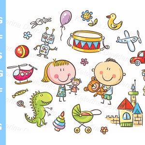 Doodle little kids with toys clipart set. Cartoon cute character, children playing with toys, printable svg clipart, isolated illustration