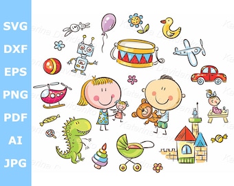 Doodle little kids with toys clipart set. Cartoon cute character, children playing with toys, printable svg clipart, isolated illustration