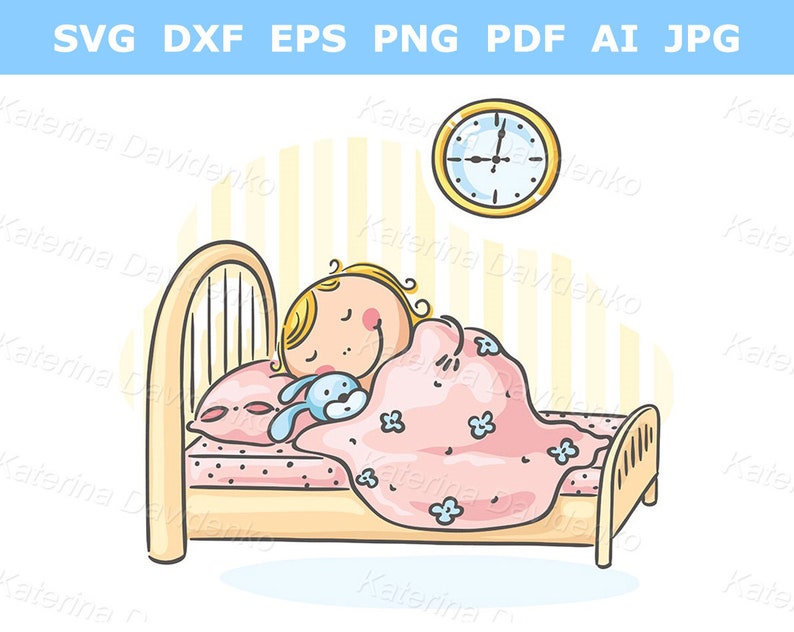 May include: A cartoon illustration of a girl sleeping in a bed with a pink blanket and a blue stuffed animal. The girl has blonde hair and is wearing a pink nightgown. A clock on the wall above the bed shows the time is 7:00.