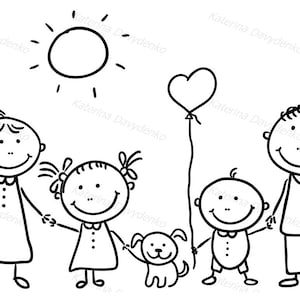 Cartoon Familie Clipart. Glückliche Familie mit zwei Kindern und einem Welpen Bild 2