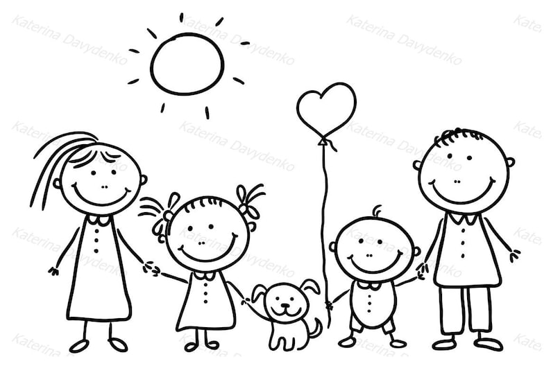 Cartoon Familie Clipart. Glückliche Familie mit zwei Kindern und einem Welpen Bild 2