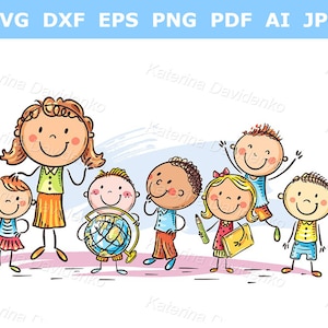 School kids and their teacher on a walk - pdf svg png files - Back to school clip art