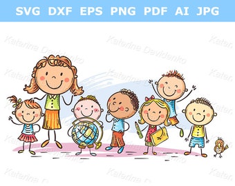 Bambini della scuola e il loro insegnante in una passeggiata - file png in formato pdf svg - ClipArt di ritorno a scuola