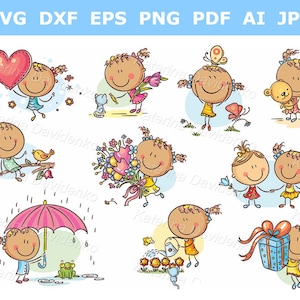 Cartoon kinderen clipart. Een grappige dagelijkse routine clipartset voor kleine meisjes. Digitale download, commercieel gebruik